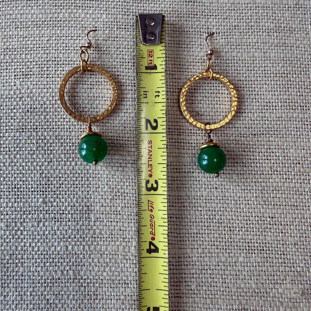 Gold and Green Jade Bead Dangle Earrings